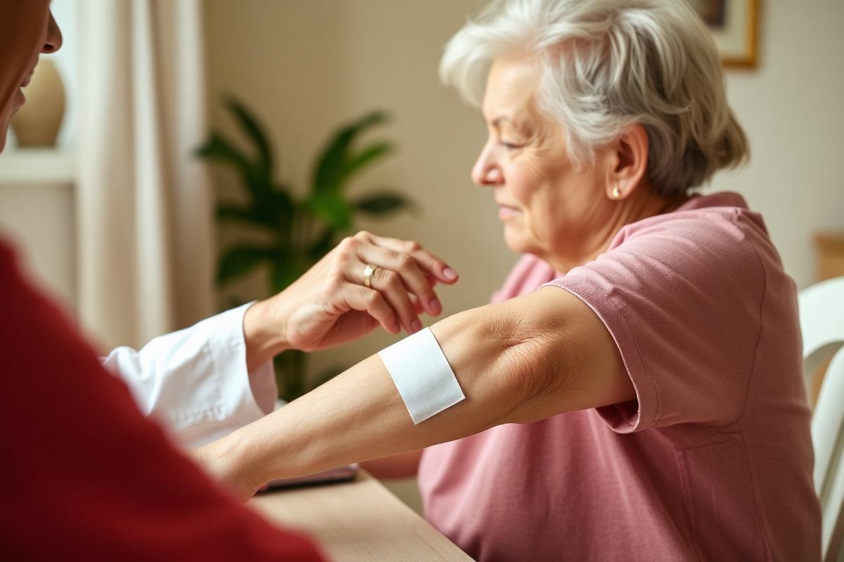 Pflegekraft dokumentiert pflegerische Maßnahmen und bespricht den Versorgungsplan mit einer Seniorin
